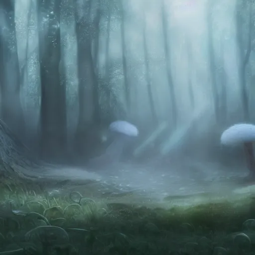 Image similar to leucistic Axolotls in an eerie mushroom forest, matte painting