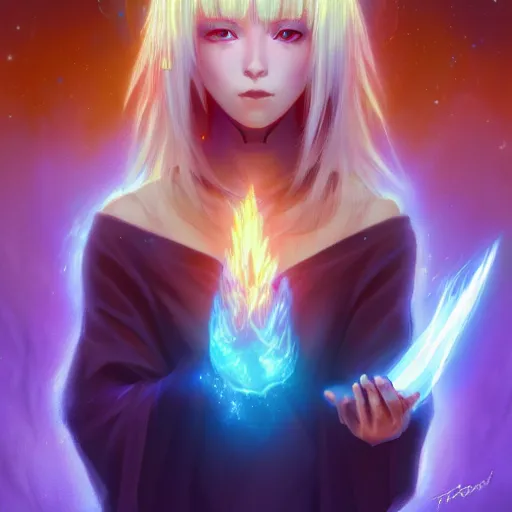 Image similar to rimuru tempest from tensura holding purple fire in her palm, with amber eyes of golden colored eyes, straight hair, sky blue hair, long bangs, concept art, award winning photography, key visual, digital painting, cinematic, wlop, 8 k, by ross tran, andy warhol, tom bagshaw