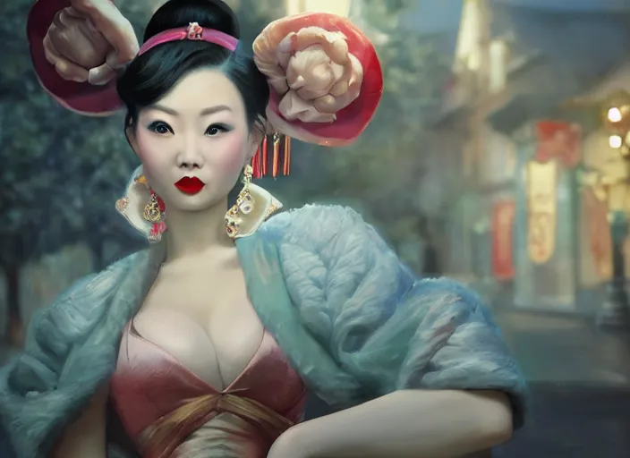 Image similar to beautiful bald chinese woman with pinup girl makeup at disneyland wearing mouse ears, night, epic cinematic hyperrealism masterpiece, realistic poster with shaded lighting by craig mallismo, artgerm, jeremy lipkin and michael garmash, unreal engine, radiant light, detailed and complex environment, octane photoreal 3 d render, art station trends