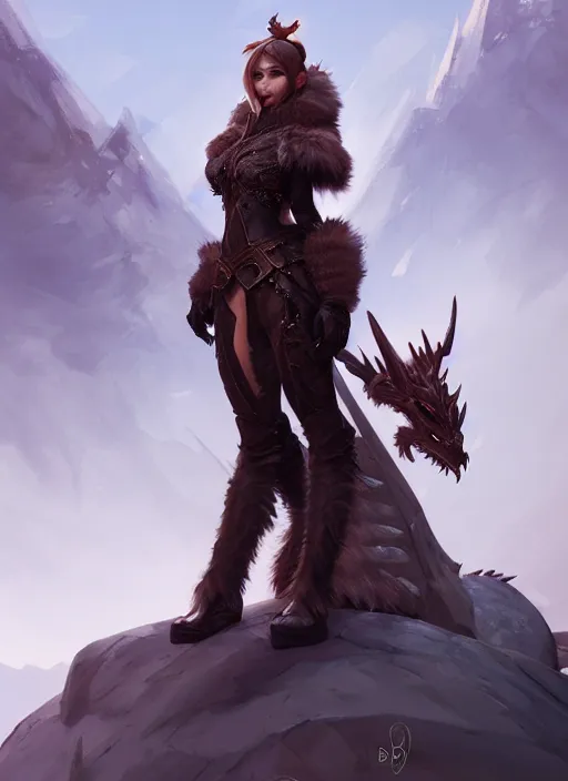 Image similar to dragon hunter, fur - lined armor!!! beautiful and elegant female!! gorgeous ayes!! character concept art, sharp focus, octane render! unreal engine 5! highly rendered!! trending on artstation!! detailed linework!! illustration by bussiere rutkowski andreas rocha