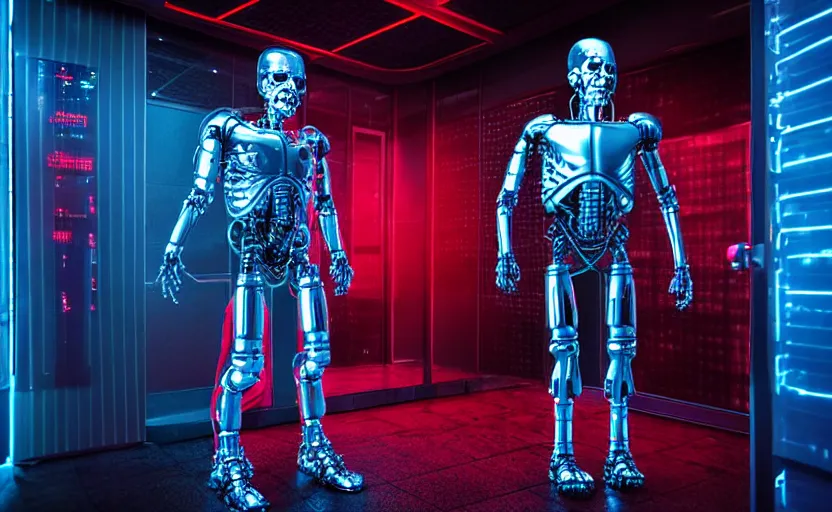 Prompt: high detailed terminator without flesh, staying in front of data center room. extreme long shot, cold neon light, high detail, cinematic colors,