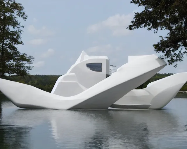 Prompt: photo of white minimalist abstract cubist sculpture of curvy spaceship with random small mecha mayan decorations, covered with few large white airplane parts with windows and doors, gigantic size, sunset lighting by a lake, the sculpture is reflected on the water