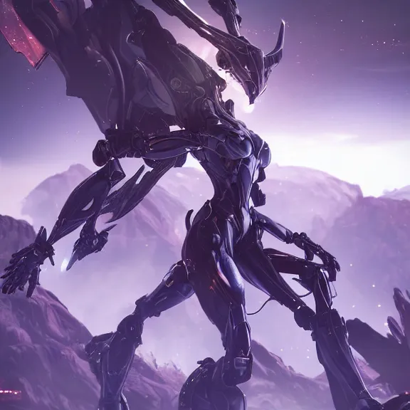 Image similar to extremely detailed cinematic low ground shot of a giant 1000 meter tall beautiful stunning saryn prime female warframe goddess, that's an anthropomorphic hot robot mecha female dragon, silver sharp streamlined armor, detailed head, sharp claws, glowing Purple LED eyes, sitting cutely in the background on top of a mountain, a tiny forest with a village in the foreground, fog rolling in, dragon art, warframe fanart, Destiny fanart, micro art, macro art, giantess art, fantasy, goddess art, furry art, furaffinity, high quality 3D realistic, DeviantArt, Eka's Portal, HD, depth of field