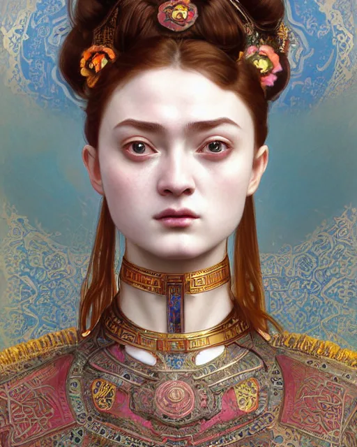 Image similar to portrait of a turkish masculine female sadie sink cyberpunk machine, machine face, upper half portrait, decorated with ottoman opera motifs, muscular, asian, fine china, wuxia, traditional chinese art, intricate intense elegant, highly detailed symmetry headpiece digital painting artstation concept art smooth sharp focus illustration, art by artgerm and greg rutkowski alphonse mucha 8 k