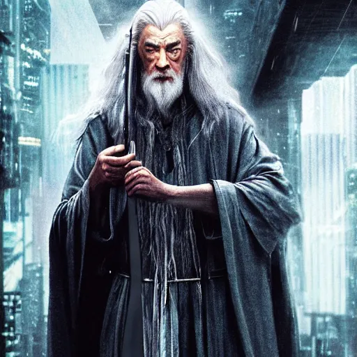 Prompt: cyberpunk gandalf, lord of the rings, photorealistic, 4 k, rain, blade runner, ultra realistic. isometric