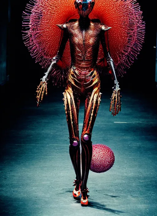 Image similar to walking down the catwalk, steven klein, show, stage, vogue photo, podium, fashion show photo, iris van herpen, beautiful woman, full body shot, helmet on face, masterpiece, plant predator, guyver, jellyfish, biomechanical details, movie still, fauvism, cinestill, bokeh, gelios lens