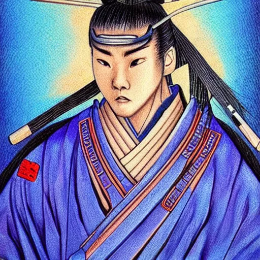 Image similar to beautiful samurai made with blue african ball point pen