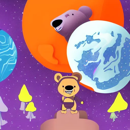 Image similar to cartoon animated illustration of a bear mascot being launched from a futuristic marble planet, purple and orange cloudland