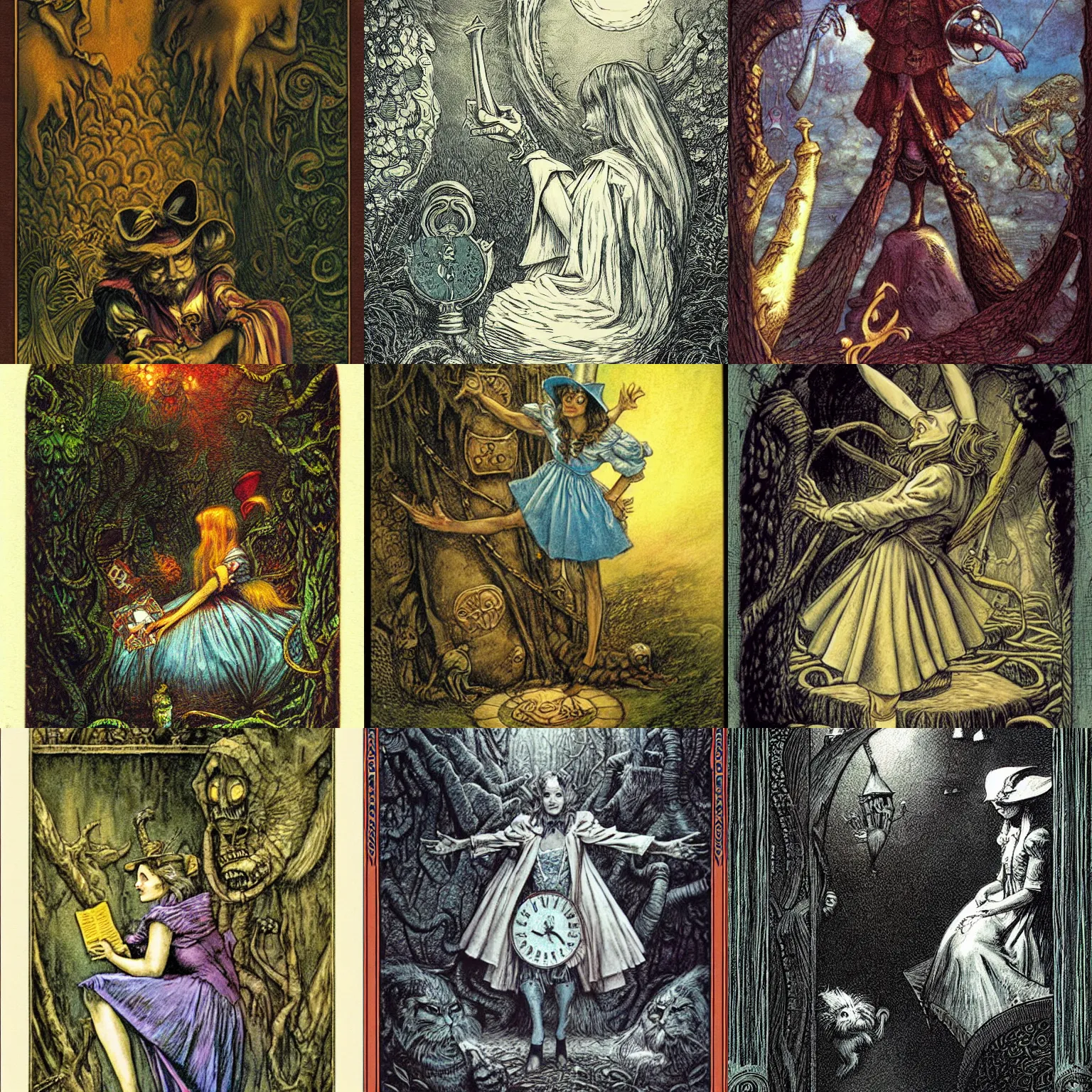 Prompt: Alice in Wonderland tarot card by Ken Kelly and Gustave Dore