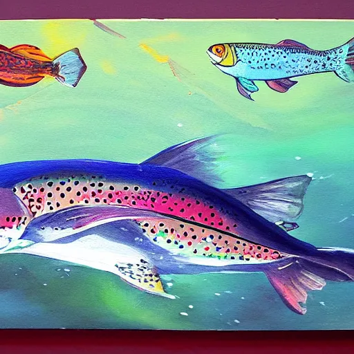 Image similar to a painting of a trout swimming in outer space, naushadarts