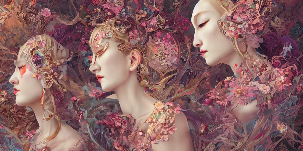 Image similar to breathtaking detailed concept art painting kaleidoscope art deco pattern of blonde faces goddesses amalmation flowers, by hsiao - ron cheng, bizarre compositions, exquisite detail, extremely moody lighting, 8 k