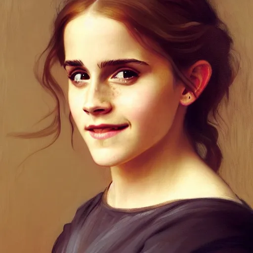 Image similar to Painting of Emma Watson as Hermione Granger. Smiling. Happy. Cheerful. Art by william adolphe bouguereau. During golden hour. Extremely detailed. Beautiful. 4K. Award winning.