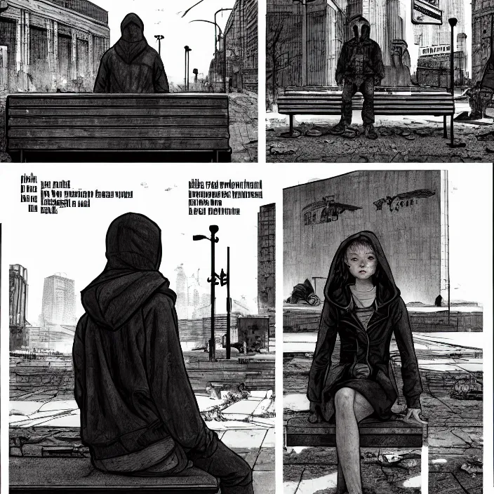 Image similar to storyboard : sadie sink in hoodie sitting on a bench in ruined square, pedestrians walk by, soviet monument and propaganda posters. scifi cyberpunk. by gabriel hardman. cinematic atmosphere, detailed and intricate, perfect anatomy