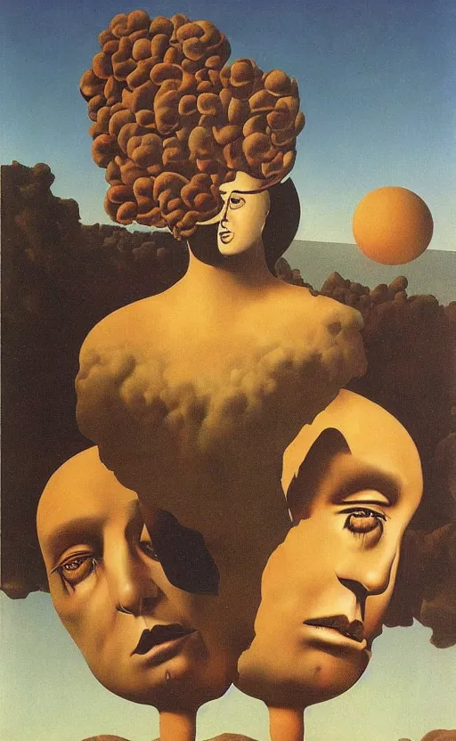 Prompt: strange weirdness, maddening paranoia, forbidden knowledge by rene magritte and salvadore dali