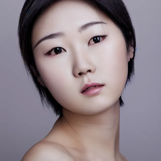 Image similar to photograph portrait bald korean japanese goddess of beauty neutral expression face straight on headshot even lighting no hair