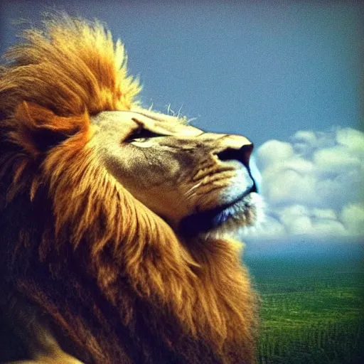 Image similar to “ a lion sitting on a cloud ”