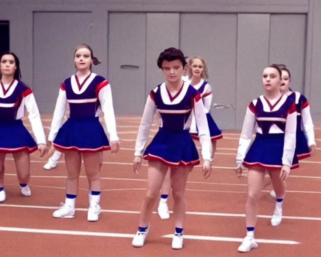 Image similar to eleven from stranger things dressed as a middle school cheerleader, practicing with the squad, cdx