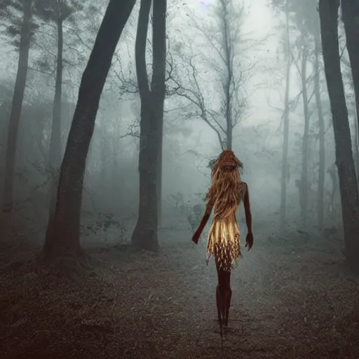 Image similar to Siren Head walking through the woods. Foggy. Dimly lit. Eerie. Spooky.