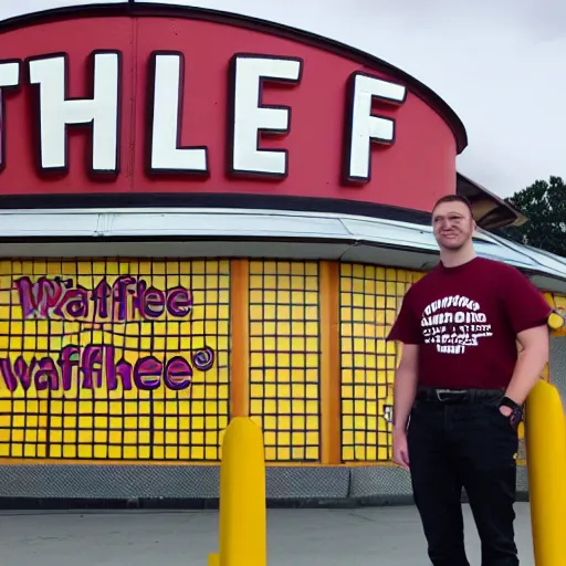 Image similar to wafflehouse employee's standing below wafflehouse sign