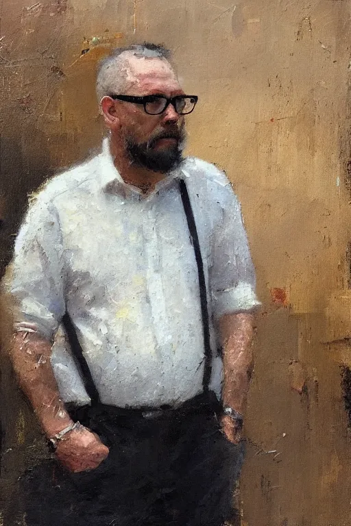 Prompt: a beautiful oil painting by jeremy mann and greg rutkowski of a 5 5 years old stocky philosopher and multitalent figure on vacation, stubble, suspenders, glasses, with few sap green highlights, oil on canvas