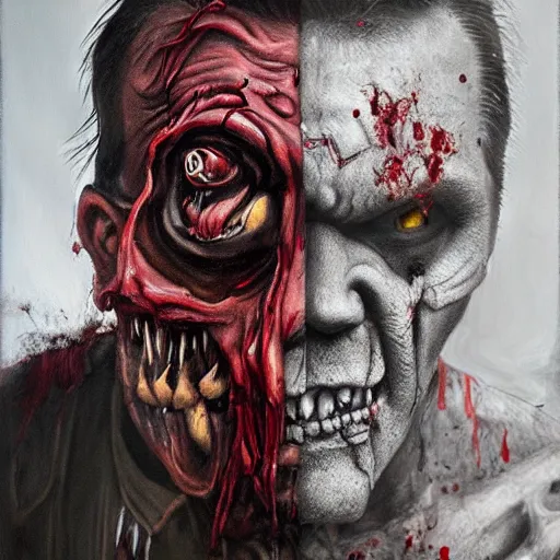 Prompt: zombie stefan löfven, gritty, veins, blood, bone, horror oil painting masterpiece, very detailed, intricate, trending on artstation