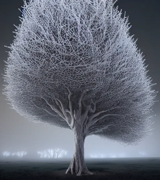 Image similar to surreal white tree made of snakes, ancient in the desert, foggy sky, dark night, octane render, unreal engine, pale colors, high detail, 8 k, wide angle, trending on artstation, behance