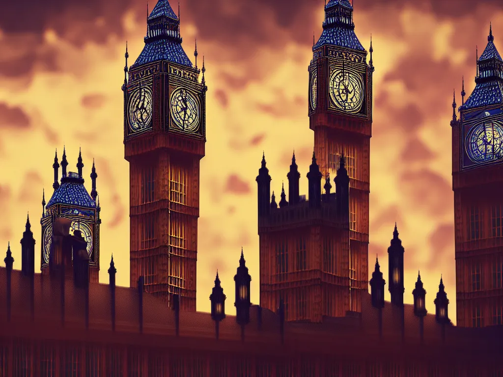 Image similar to an ancient beautiful cyborg of the elder gods in the city of London, with Big Ben in the background, westminster, colourful, dramatic lighting, golden hour, very detailed octane render very realistic beautiful