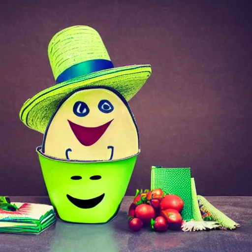 Prompt: a light green shopping basket with a happy face, two hands and a sombrero, highly detailed, cartoon, brand mascot