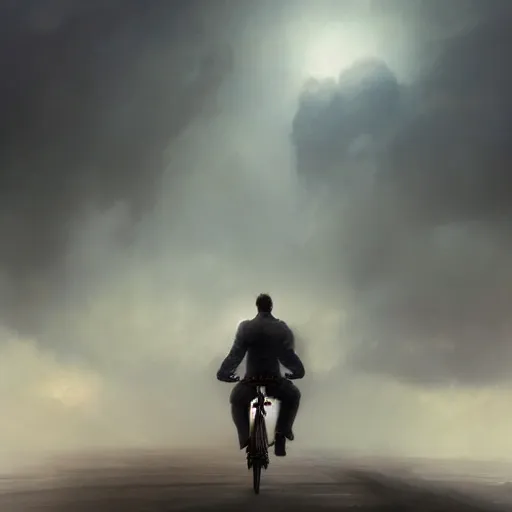 Image similar to cinematic shot epic portrait superman riding a bicycle in the streets, atmospheric, cloudy, broad light, ambient occlusion, volumetric light effect, made by ivan aivazovsky, peter mohrbacher, greg rutkowski, ross tran, matte painting, trending on artstation, 4 k, perfectly defined features, digital painting, cinematic, epic, highly detailed,