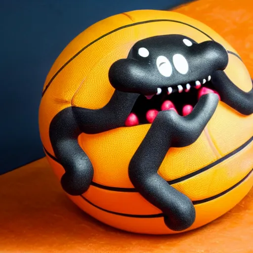 Prompt: a mimic pretending to be a basketball with a long tongue and sharp teeth