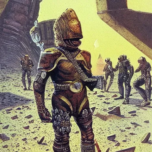 Image similar to sardaukar warrior in mars ruins, vintage sci - fi art, by ed emschwiller