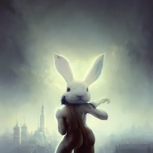 Image similar to epic portrait an beautiful man wearing white bunny suit with bunny ears, muscular, dirty, flames in backround, foggy city backround, broad light, ambient occlusion, volumetric light effect, made by ivan aivazovsky, peter mohrbacher, greg rutkowski, matte painting, trending on artstation, 4 k, perfectly defined features, digital painting,