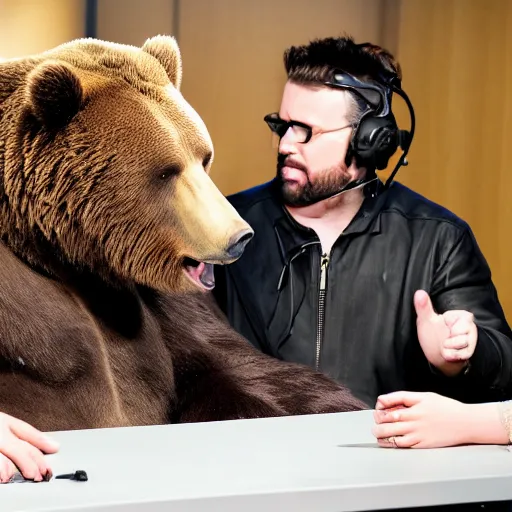 Prompt: a photo of an oversized grizzly bear wearing sunglasses and a leather jacket being interviewed on a podcast show