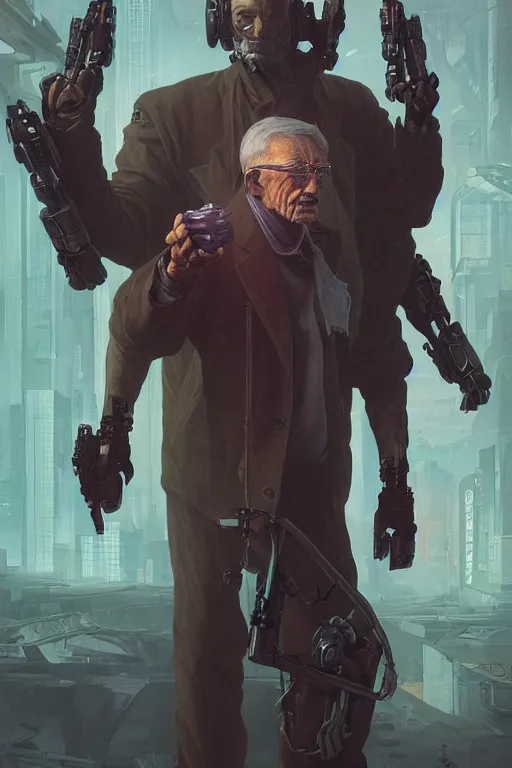 Image similar to cyberpunk old man, cyber arms augments, cyborg, movie poster, normal hands, normal legs, cinematic lighting, intricate, rugged, highly detailed, digital painting, artstation, smooth, sharp focus, illustration, art by artgerm and greg rutkowski and alphonse mucha and Wayne Barlowe and william-adolphe bouguereau