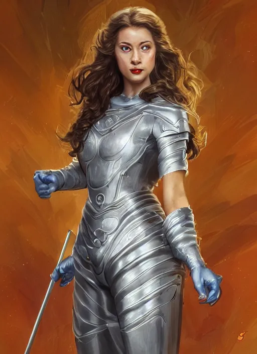 Image similar to beautiful female dorothy gale, rebecca romijn as dorothy, full body character concept, covered in full silver armor, armor plating, art nouveau, nordic, super powers, fantasy, intricate, elegant, highly detailed, digital painting, artstation, concept art, shining, sharp focus, illustration, art by stanley lau