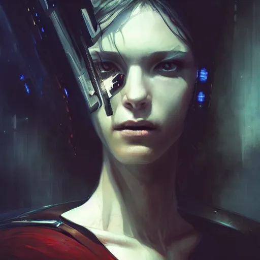 Image similar to portrait of a young beautiful woman, reflecting eyes, cyberpunk, high detail, dramatic light, digital art, dark, painted by seb mckinnon and greg rutkowski, trending on artstation