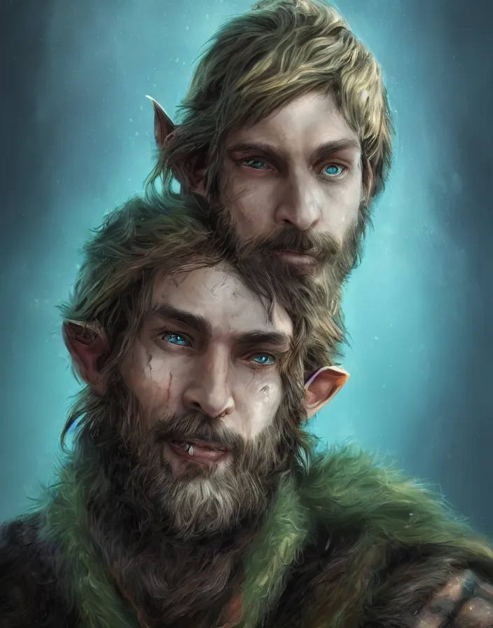 Image similar to An epic fantastic realism comic book style portrait painting of an arrogant half elf ranger with shaggy brown hair, scruffy beard, scar on face, teal tunic, 8k, 4k, D&D Concept Art, unreal 5, DAZ, hyperrealistic, octane render, cosplay, RPG portrait, dynamic lighting