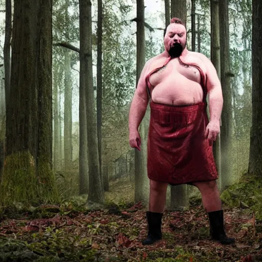 Image similar to big butcher man posing scarily, earie setting, in a forest, horror, hyperdetailed