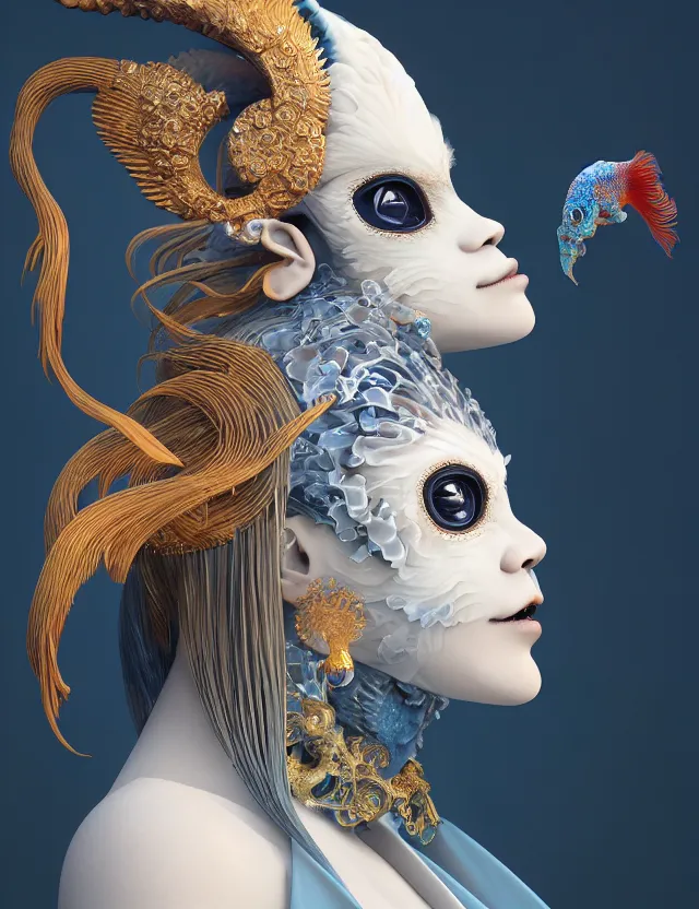 Image similar to 3 d goddess in robe close - up profile portrait with ram skull. beautiful intricately detailed japanese crow kitsune mask and clasical japanese kimono. betta fish, jellyfish phoenix, bio luminescent, plasma, ice, water, wind, creature, artwork by tooth wu and wlop and beeple and greg rutkowski