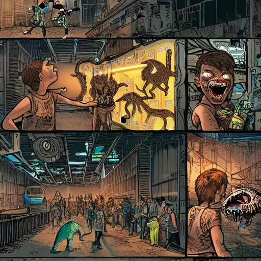 Image similar to intricate detailed comic panel illustration of cyborg punk street kids with a pet dinosaur in a warehouse rave, no speech bubbles, dystopian, cyberpunk, full-color