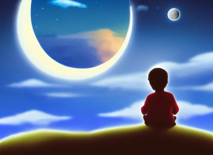 Image similar to Child sitting on the edge of the crescent moon above the clouds, by Dreamworks