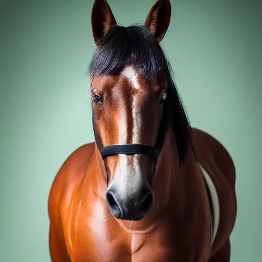 Image similar to green muscular being with no nose bald has big eyes small pupils riding a horse that is humanoid, photograph studio lighting portrait photography 8 k