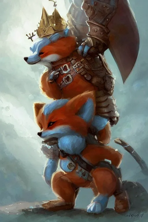 Image similar to cute little anthropomorphic foxy knight wearing a cape and a crown, tiny, small, miniature fox, baby animal, short, pale blue armor, cute and adorable, pretty, beautiful, DnD character art portrait, matte fantasy painting, DeviantArt Artstation, by Jason Felix by Steve Argyle by Tyler Jacobson by Peter Mohrbacher, cinematic lighting