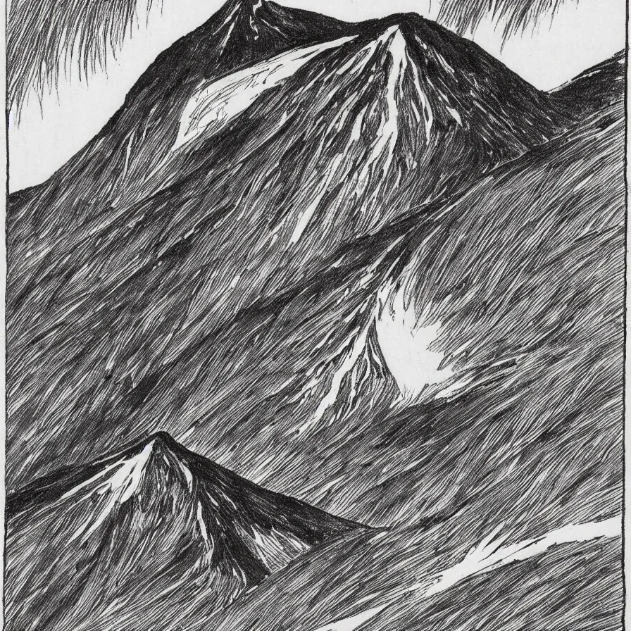 Image similar to japanese black and white drawing of a volcano