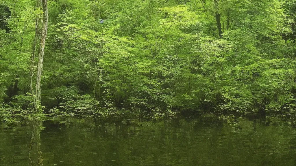 Prompt: a secluded pond there should be an ethereal, otherworldly atmosphere this is a sacred place that has not yet been tainted by the touch of man the dense canopy of the forest opens up a little above the pond and soft sunlight beams down,