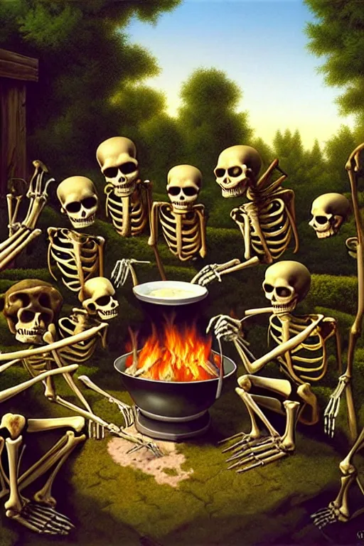 Prompt: classic oil painting, a family of skeletons are having an outdoor barbeque, as dnd characters, in the backyard on a summer day, cottagecore, chef hat, highly detailed, digital illustration, concept art, smooth, sharp focus, ominous, art by tim hildebrandt, and greg hildebrandt