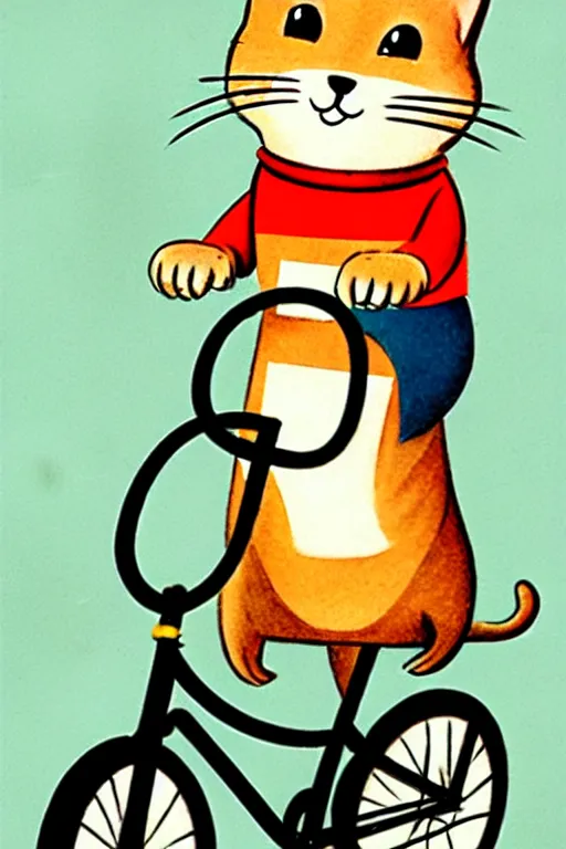 Image similar to by richard scarry,,,,,,,,,,,,,,,,,,,,,,, a cat riding a bike. a 1 9 5 0 s retro illustration. muted colors, detailed