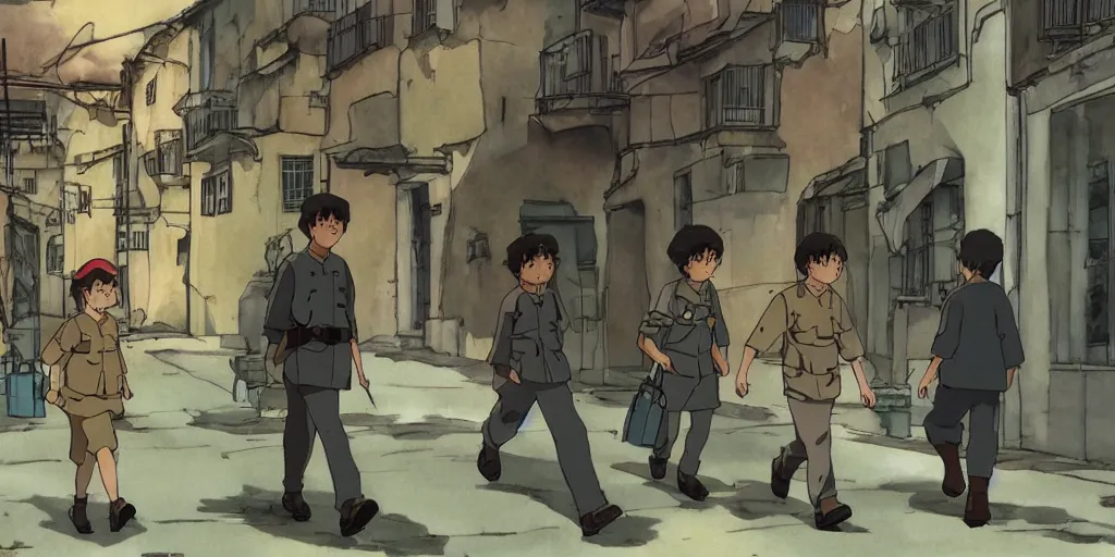 Image similar to wholesome animation studio Ghibli of a young soldier walking near some nazists and tanks in the city of Genova. Sharp bloom dramatic lightning