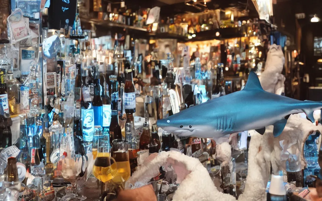 Image similar to Shark plush ordering a beer at a bar, stuffed toy, fish, dim lighting, 50mm, depth of field,