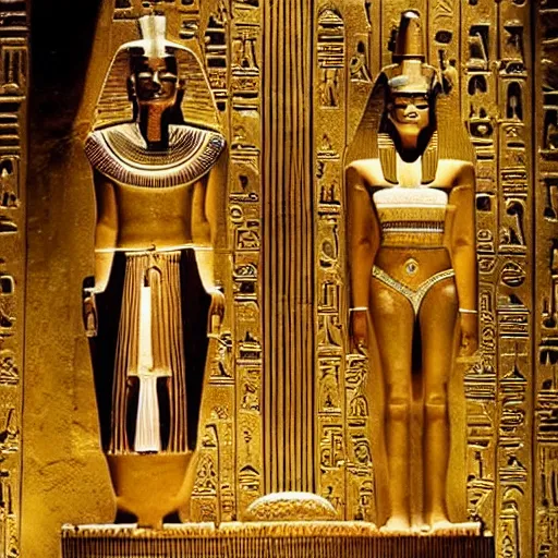 Image similar to donald and melania trump as egyptian pharaoh and queen, elegant, majestic, powerful, pyramids, anunaki, hieroglyphs, lush, rainforest, river, green, river god, wilbur smith, gold, trump tower